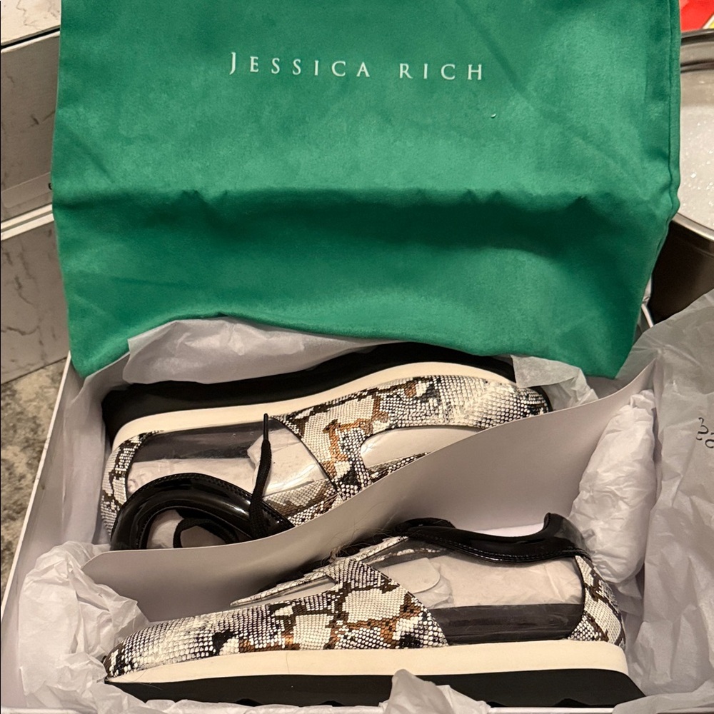 Jessica Rich Snakeskin Sneakers - Black, White, Brown
